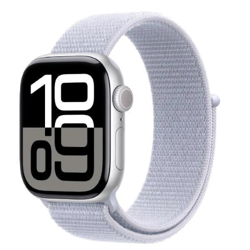 Apple Watch Series 10 (GPS) - 46 mm - alluminio argento - smartwatch con sport loop - nylon morbido a doppio strato - blue cloud - dimensione del polso: 130-200 mm - 64 GB - Wi-Fi 4, UWB, Bluetooth - 36.4 g